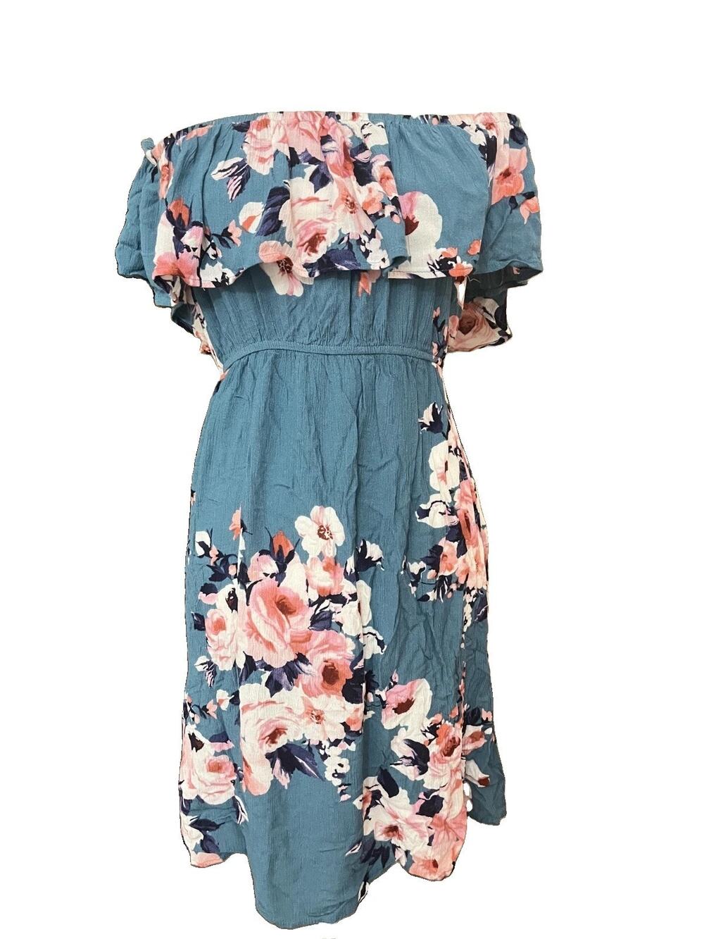 Women's Haute Monde Size XL Teal Off Shoulder Floral Knee Length Dress Flowy